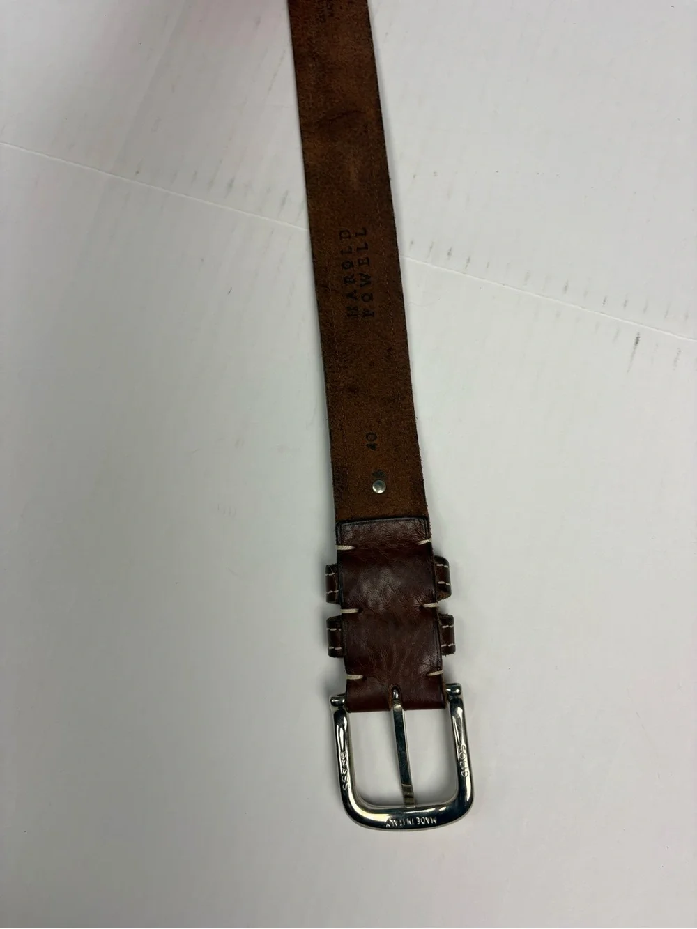 Italian Men Size 40 Belt Brown Leather Solid Brass Silver Tone Buckle Adjustable
